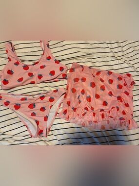 Kids Pink Strawberry Print Bikini Set with Ruffle Skirt